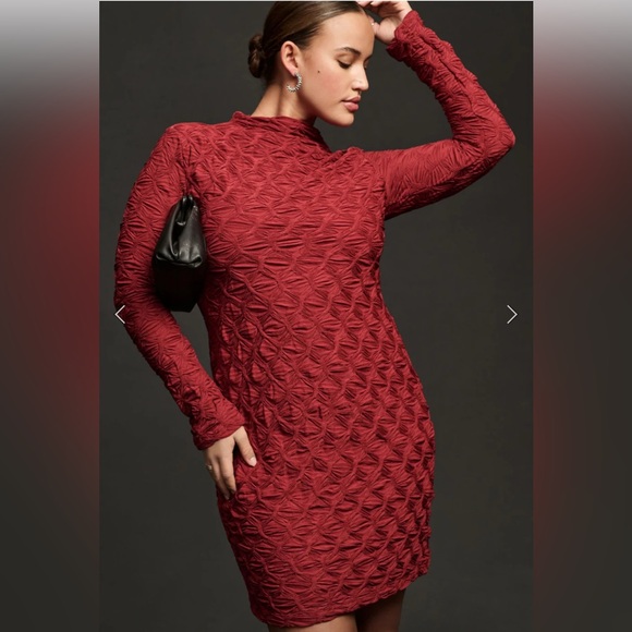 NWT MAEVE ANTHROPOLOGIE Long-Sleeve Scrunch Textured Mini holiday Dress wine XXS - Picture 4 of 15
